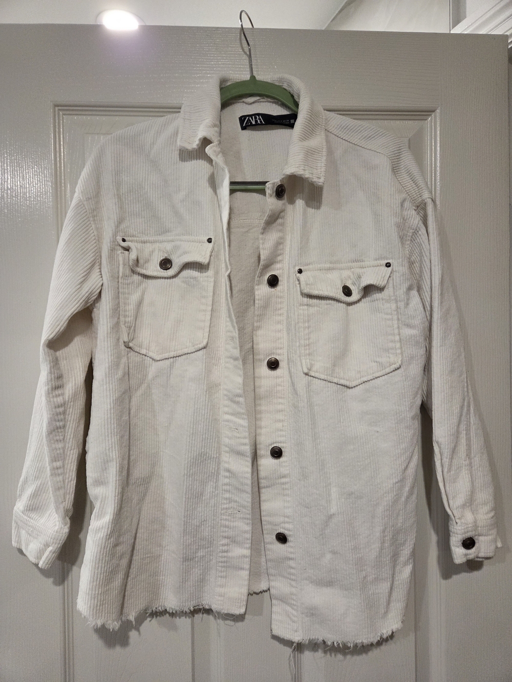 Zara White Corduroy Overshirt Shacket Size S Raw Frayed Hem